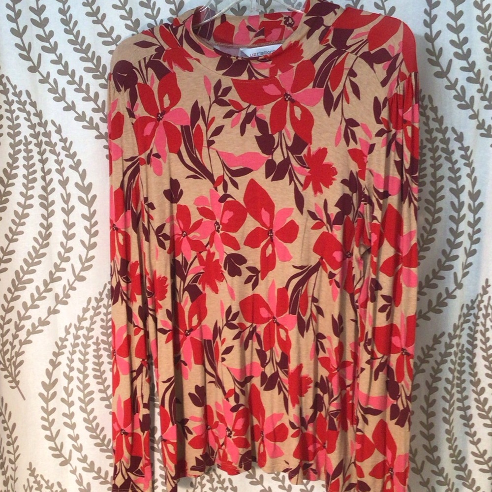 Liz Claiborne Vibrant Red and Tan Floral Long Sleeve Top